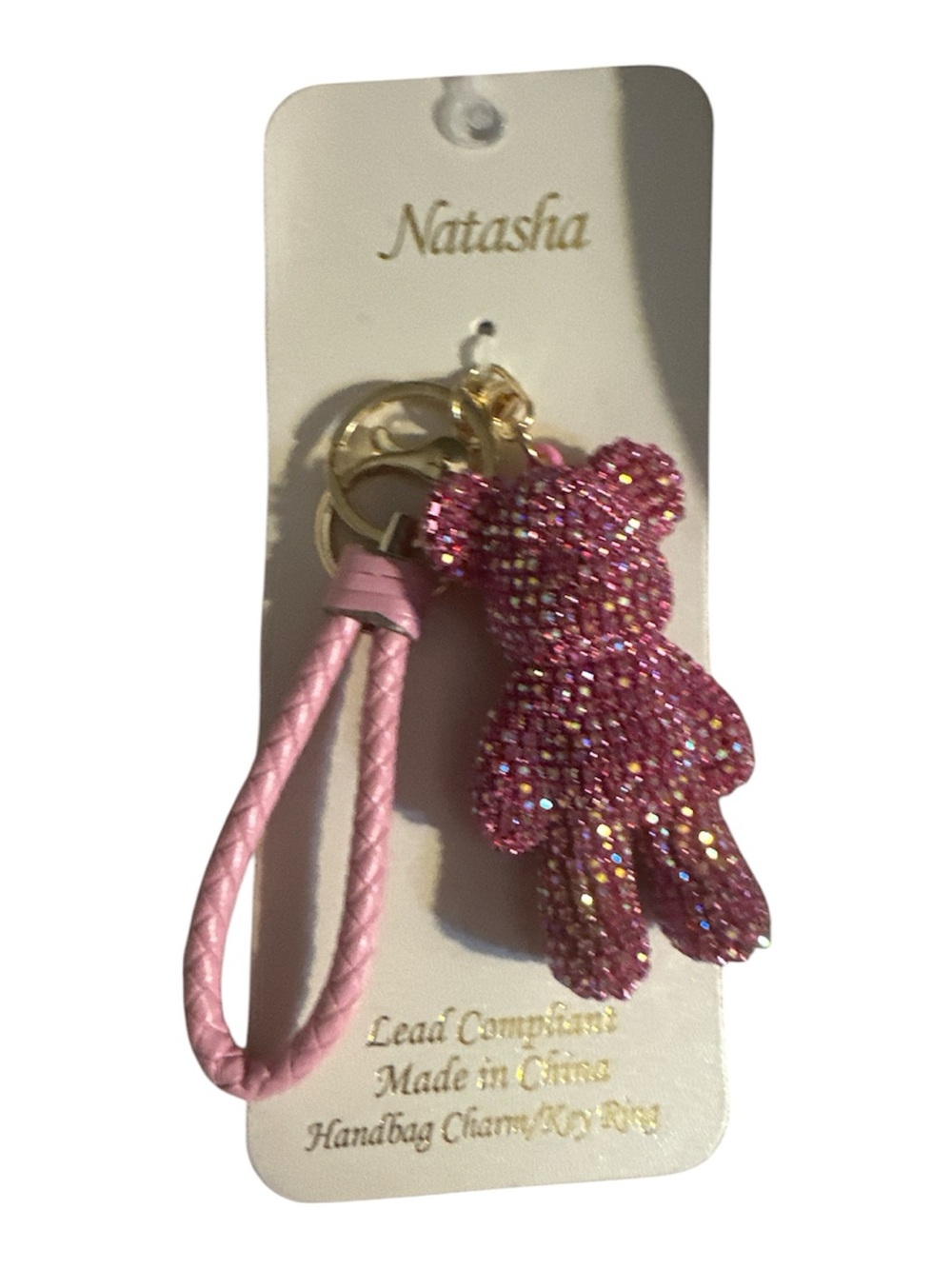 NWT Natasha Couture Pink Crystal Teddy Bear Keychain with Braided Wristlet gold